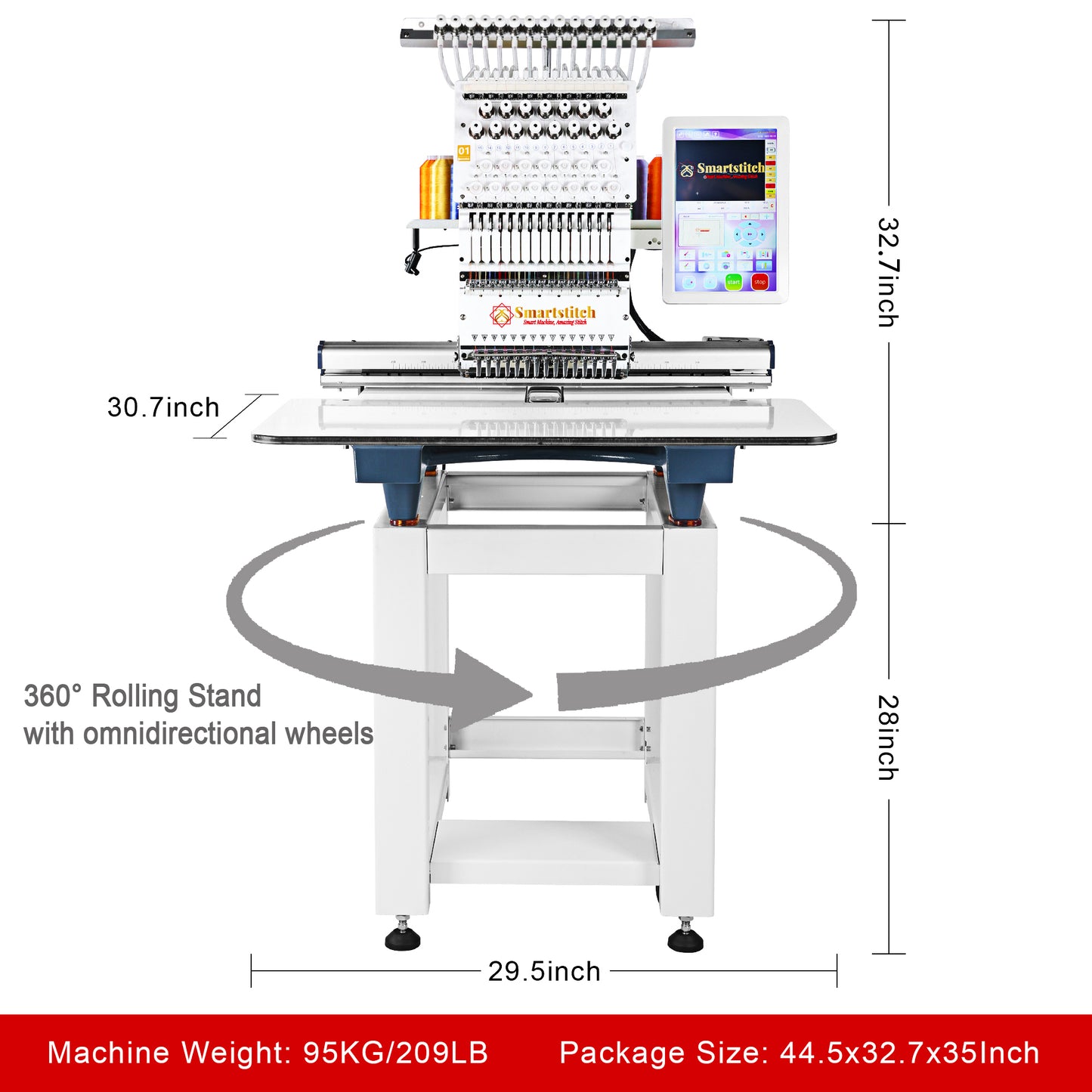 Smartstitch Embroidery Machine S1501, 15 Needles, WiFi Available, 12" Touch Screen, Max Speed 1200RPM, Commercial Embroidery Machine for Caps and Clothing with 20"x14" Embroidery Area (including embroidery starter kit)