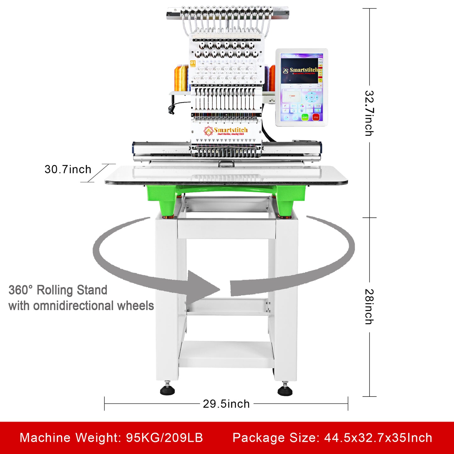 Smartstitch Embroidery Machine S1501, 15 Needles, WiFi Available, 12" Touch Screen, Max Speed 1200RPM, Commercial Embroidery Machine for Caps and Clothing with 20"x14" Embroidery Area (including embroidery starter kit)