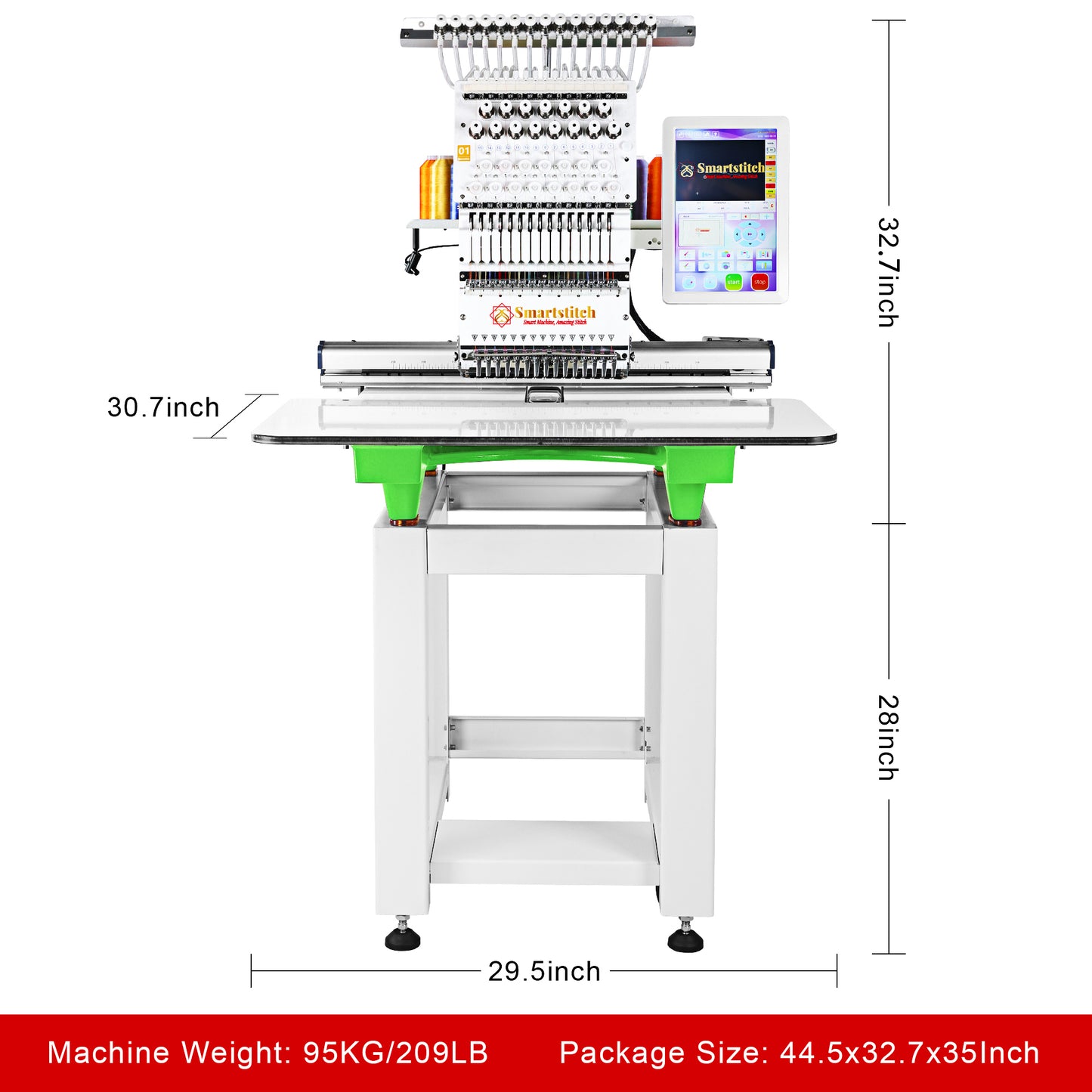 Smartstitch Embroidery Machine S1501, 15 Needles, Max Speed 1200RPM, Commercial Embroidery Machine for Hats and Clothing with 13.8"x19.7" Embroidery Area(Green)