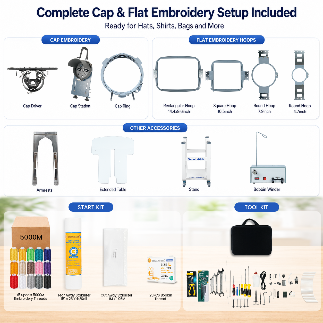 Smartstitch Embroidery Machine S1001, 10 Needles, WiFi Available, 7" Touch Screen, Max Speed 1200RPM, Embroidery Machine for Caps and Clothing with 14.2"x9.5" Embroidery Area (including embroidery starter kit)